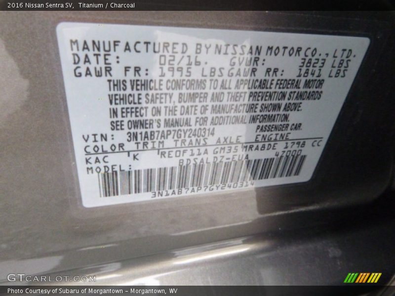2016 Sentra SV Titanium Color Code KAC