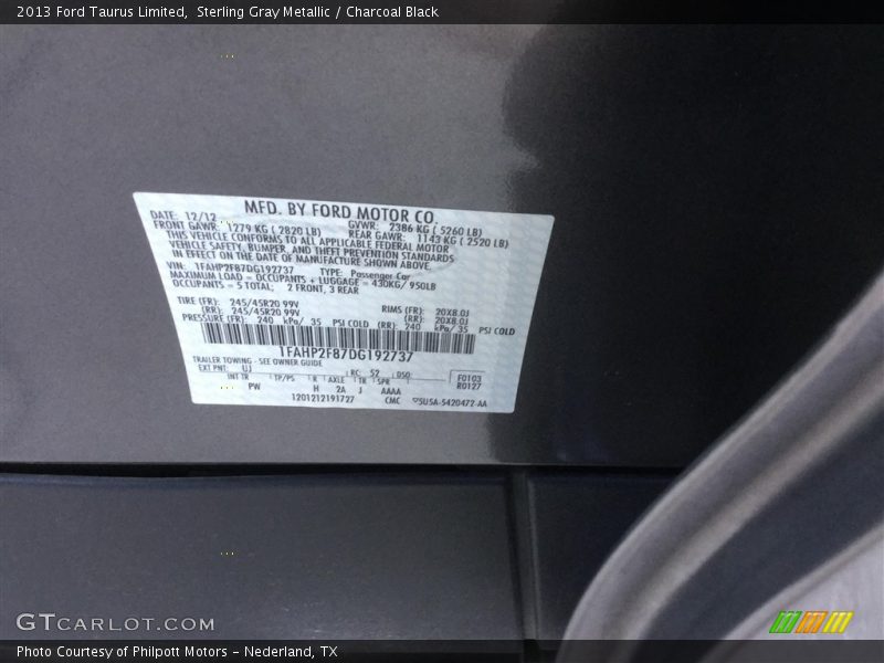 Sterling Gray Metallic / Charcoal Black 2013 Ford Taurus Limited