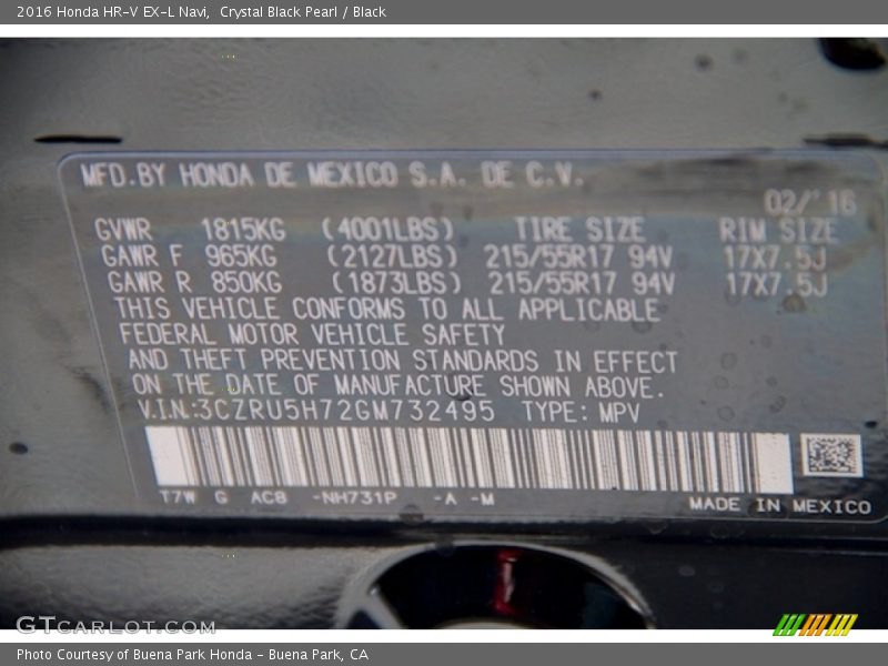 Crystal Black Pearl / Black 2016 Honda HR-V EX-L Navi