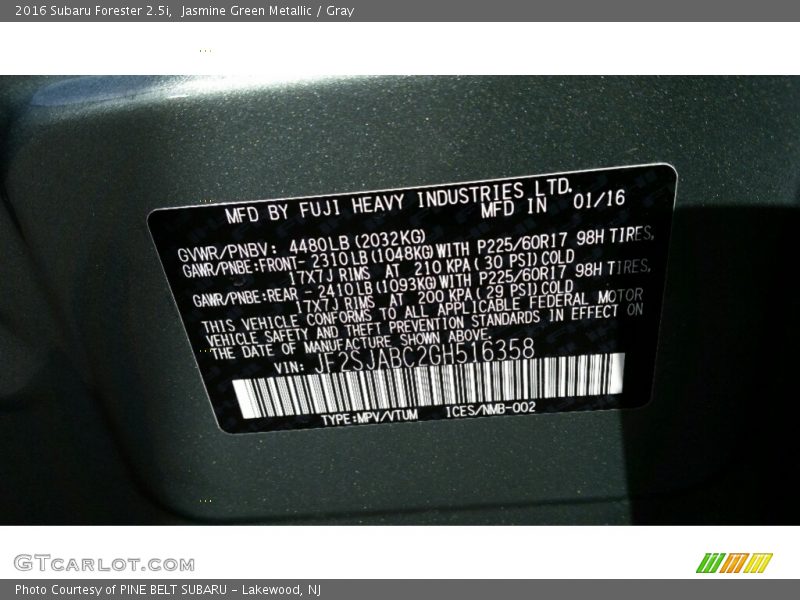 Jasmine Green Metallic / Gray 2016 Subaru Forester 2.5i