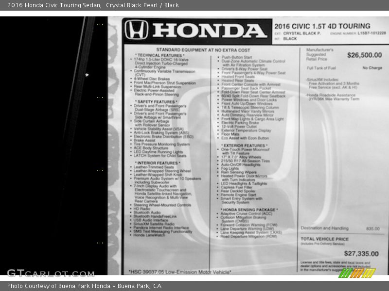 Crystal Black Pearl / Black 2016 Honda Civic Touring Sedan