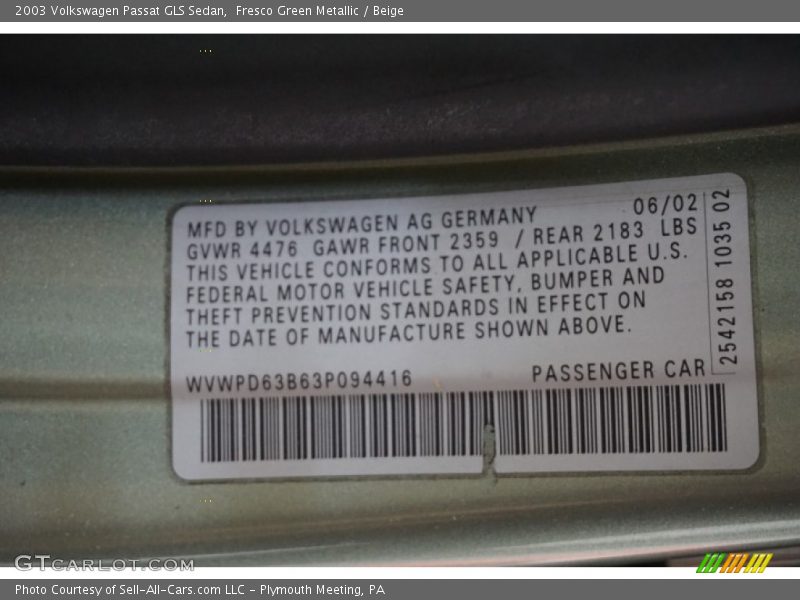 Fresco Green Metallic / Beige 2003 Volkswagen Passat GLS Sedan