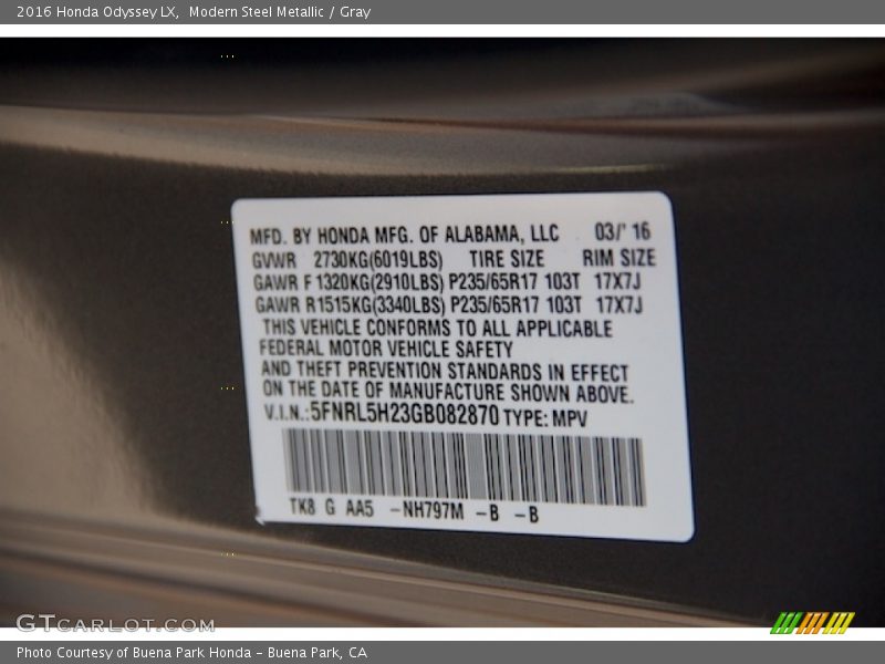 Modern Steel Metallic / Gray 2016 Honda Odyssey LX