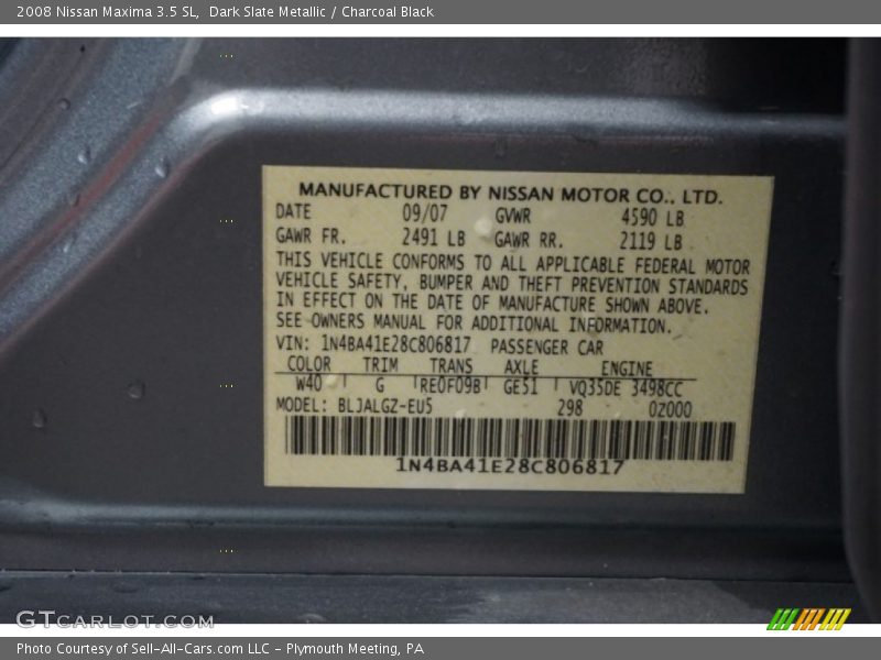 Dark Slate Metallic / Charcoal Black 2008 Nissan Maxima 3.5 SL