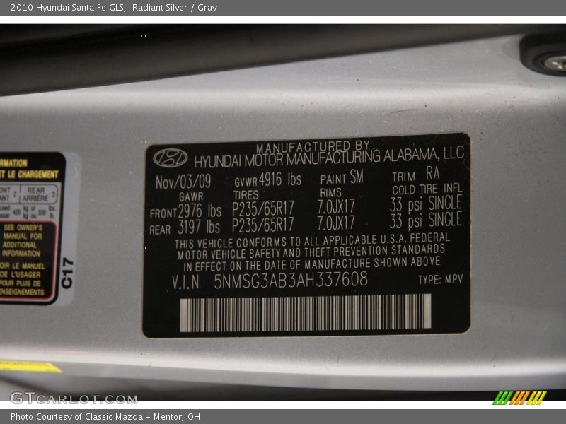 Radiant Silver / Gray 2010 Hyundai Santa Fe GLS