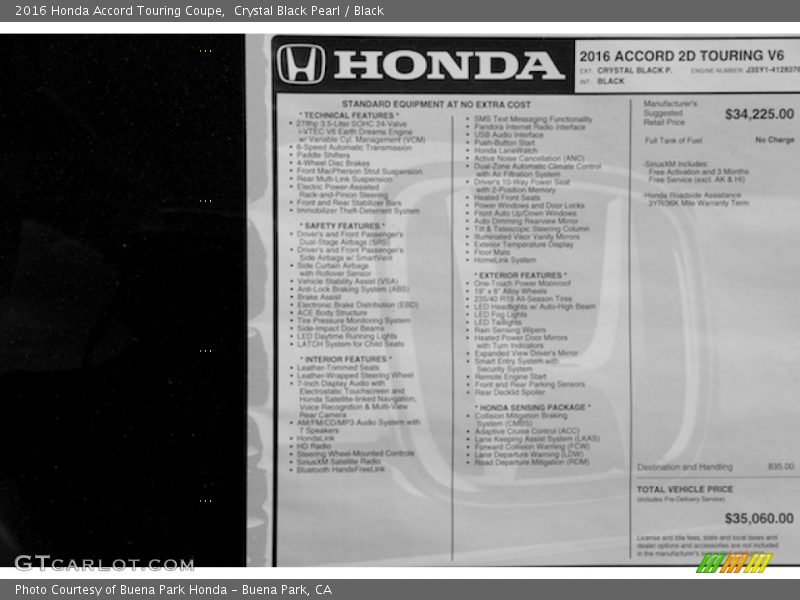 Crystal Black Pearl / Black 2016 Honda Accord Touring Coupe