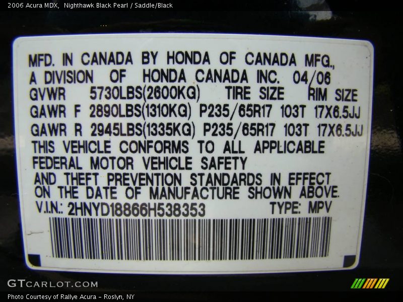 Nighthawk Black Pearl / Saddle/Black 2006 Acura MDX