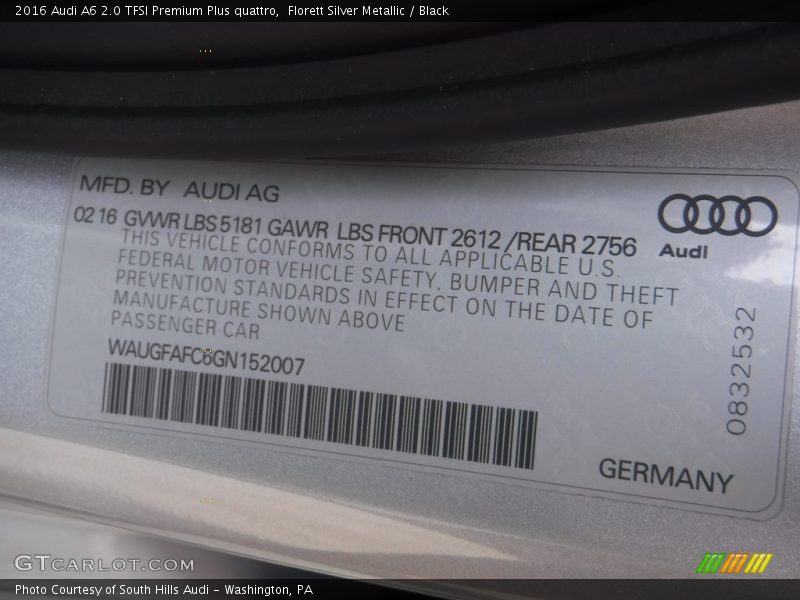Florett Silver Metallic / Black 2016 Audi A6 2.0 TFSI Premium Plus quattro