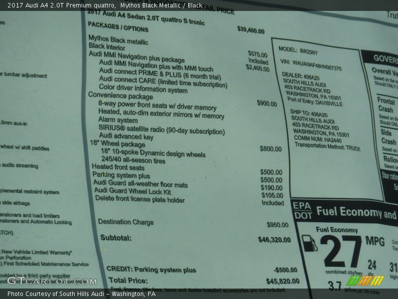 Mythos Black Metallic / Black 2017 Audi A4 2.0T Premium quattro