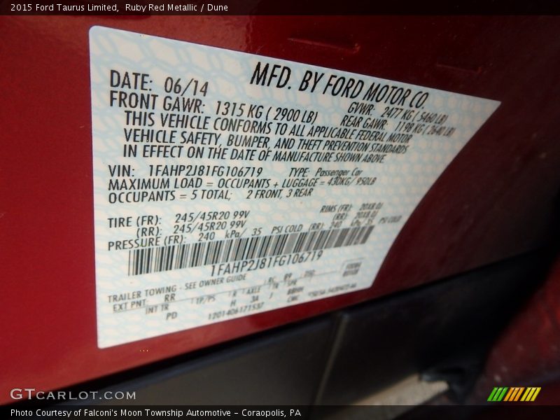 Ruby Red Metallic / Dune 2015 Ford Taurus Limited
