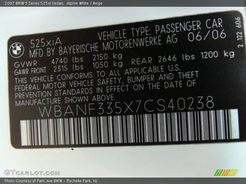 Alpine White / Beige 2007 BMW 5 Series 525xi Sedan