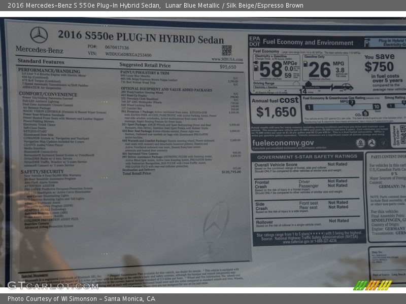  2016 S 550e Plug-In Hybrid Sedan Window Sticker