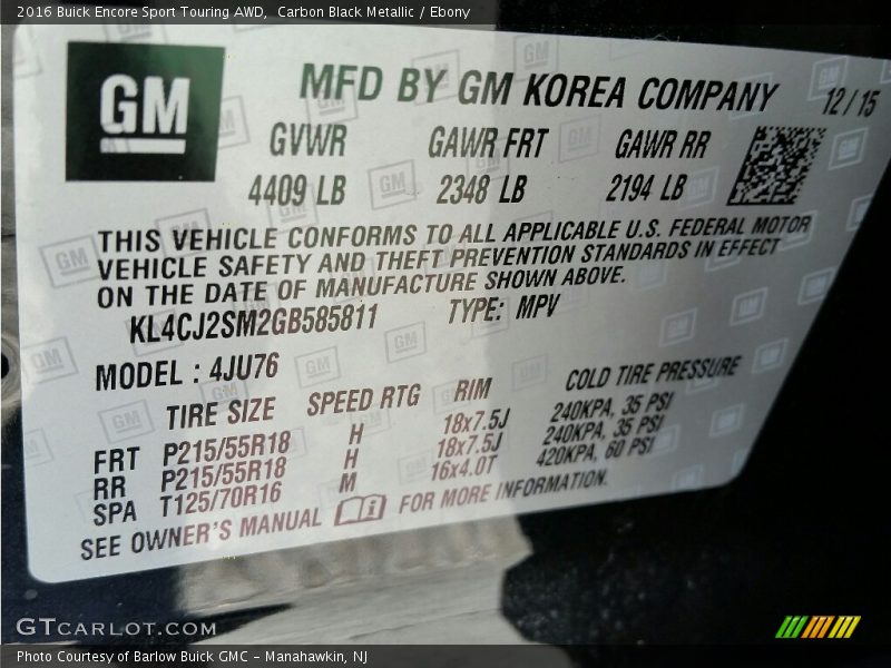 Carbon Black Metallic / Ebony 2016 Buick Encore Sport Touring AWD