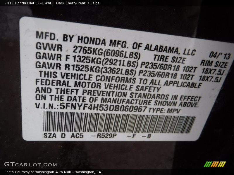 Dark Cherry Pearl / Beige 2013 Honda Pilot EX-L 4WD