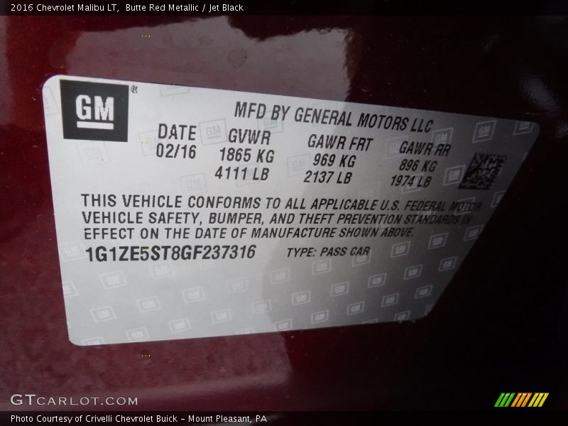 Butte Red Metallic / Jet Black 2016 Chevrolet Malibu LT