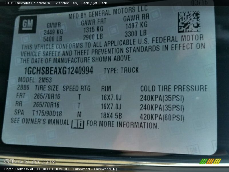 Black / Jet Black 2016 Chevrolet Colorado WT Extended Cab