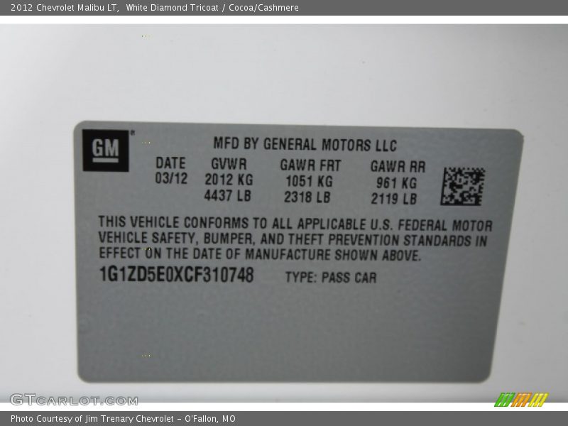 White Diamond Tricoat / Cocoa/Cashmere 2012 Chevrolet Malibu LT