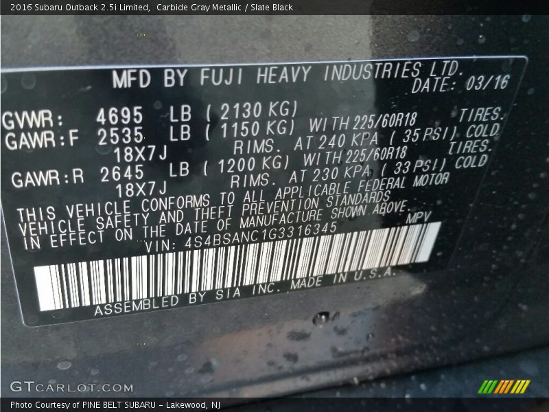 Carbide Gray Metallic / Slate Black 2016 Subaru Outback 2.5i Limited