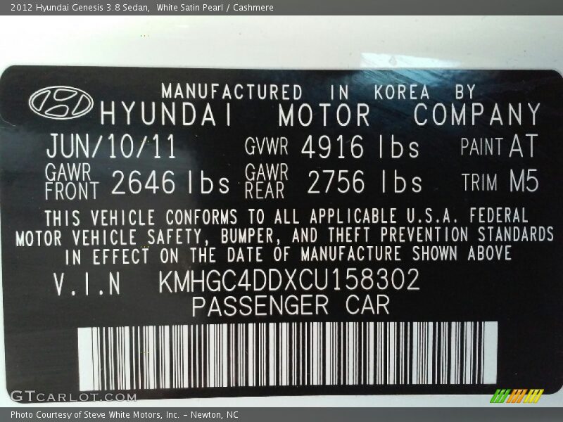 White Satin Pearl / Cashmere 2012 Hyundai Genesis 3.8 Sedan