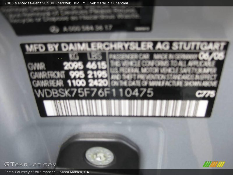 Iridium Silver Metallic / Charcoal 2006 Mercedes-Benz SL 500 Roadster