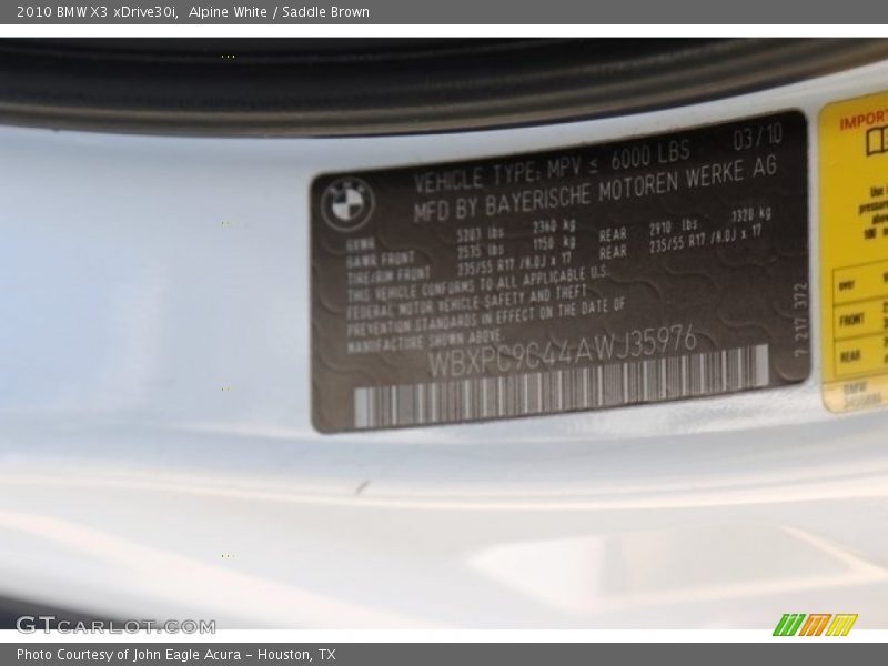 Alpine White / Saddle Brown 2010 BMW X3 xDrive30i