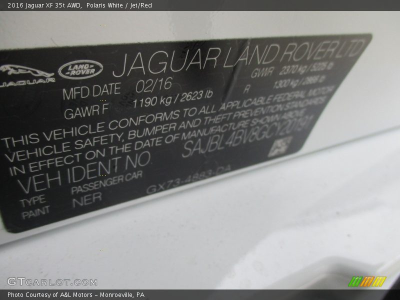 Polaris White / Jet/Red 2016 Jaguar XF 35t AWD