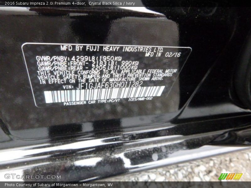 Crystal Black Silica / Ivory 2016 Subaru Impreza 2.0i Premium 4-door