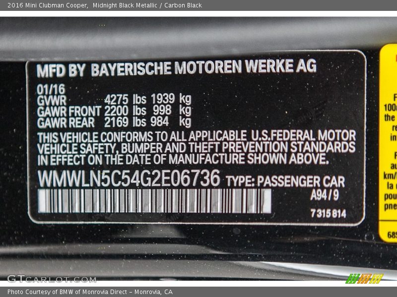 Midnight Black Metallic / Carbon Black 2016 Mini Clubman Cooper
