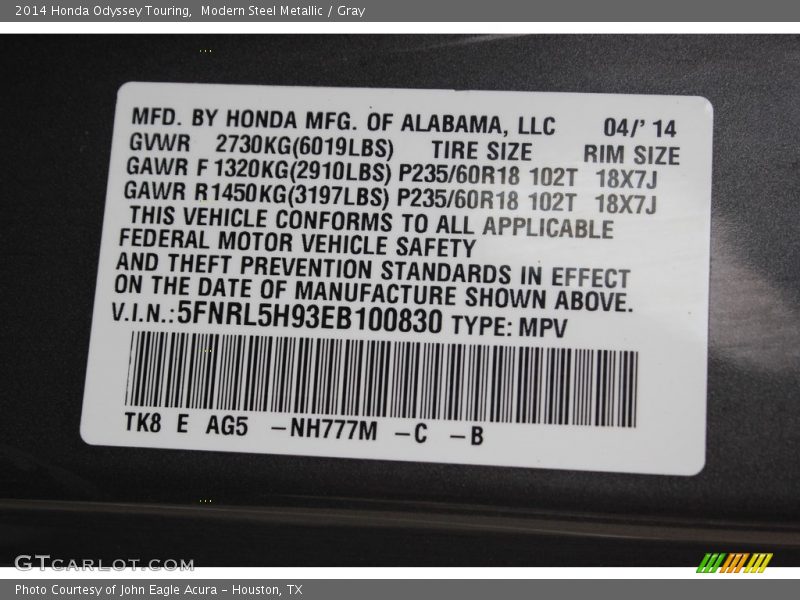 Modern Steel Metallic / Gray 2014 Honda Odyssey Touring