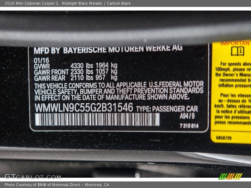 Midnight Black Metallic / Carbon Black 2016 Mini Clubman Cooper S