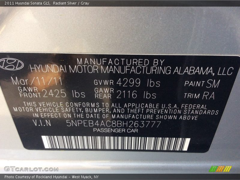 Radiant Silver / Gray 2011 Hyundai Sonata GLS
