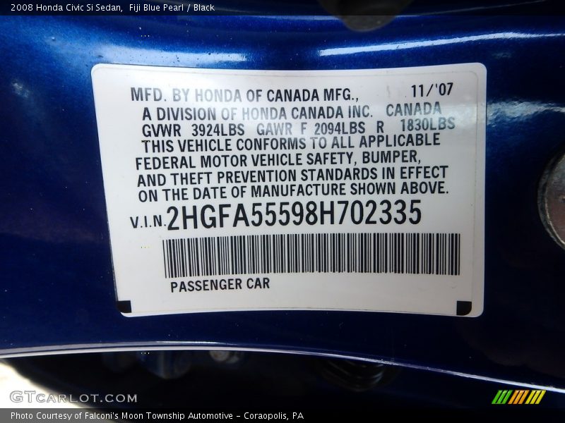 Fiji Blue Pearl / Black 2008 Honda Civic Si Sedan