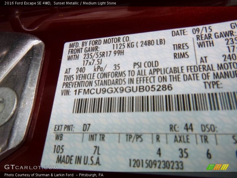 Sunset Metallic / Medium Light Stone 2016 Ford Escape SE 4WD