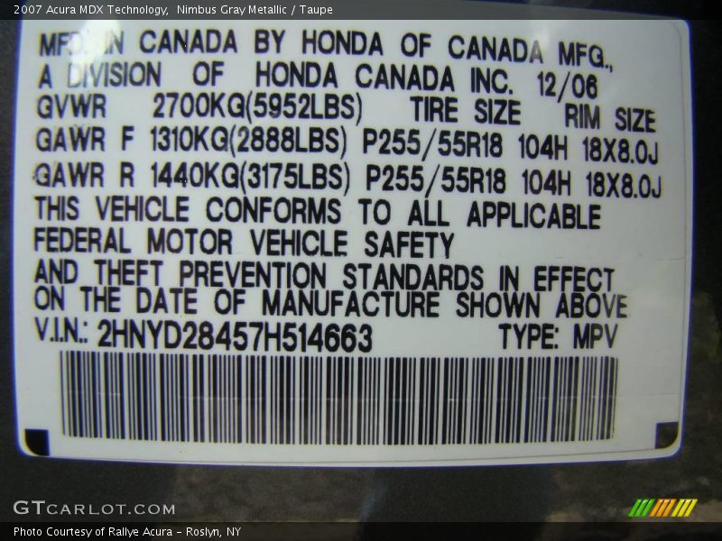 Nimbus Gray Metallic / Taupe 2007 Acura MDX Technology