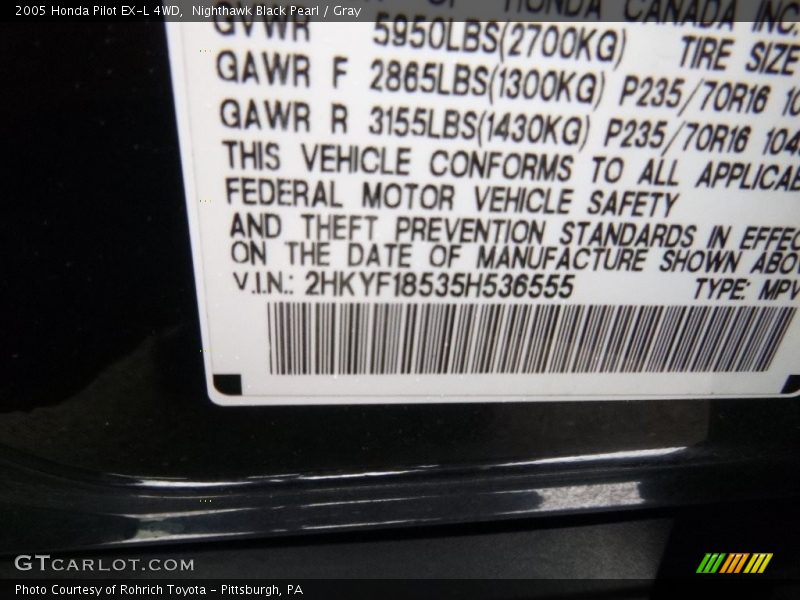 Nighthawk Black Pearl / Gray 2005 Honda Pilot EX-L 4WD
