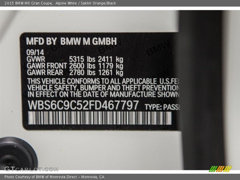 Alpine White / Sakhir Orange/Black 2015 BMW M6 Gran Coupe