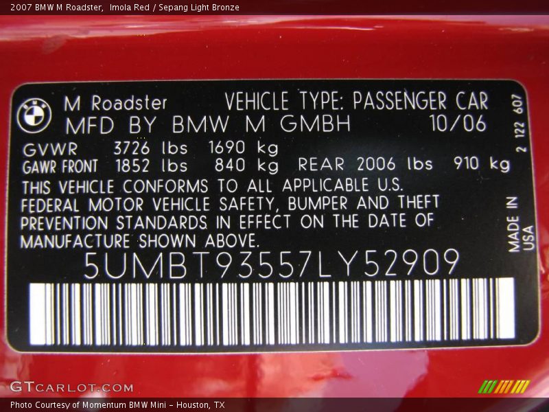 Imola Red / Sepang Light Bronze 2007 BMW M Roadster