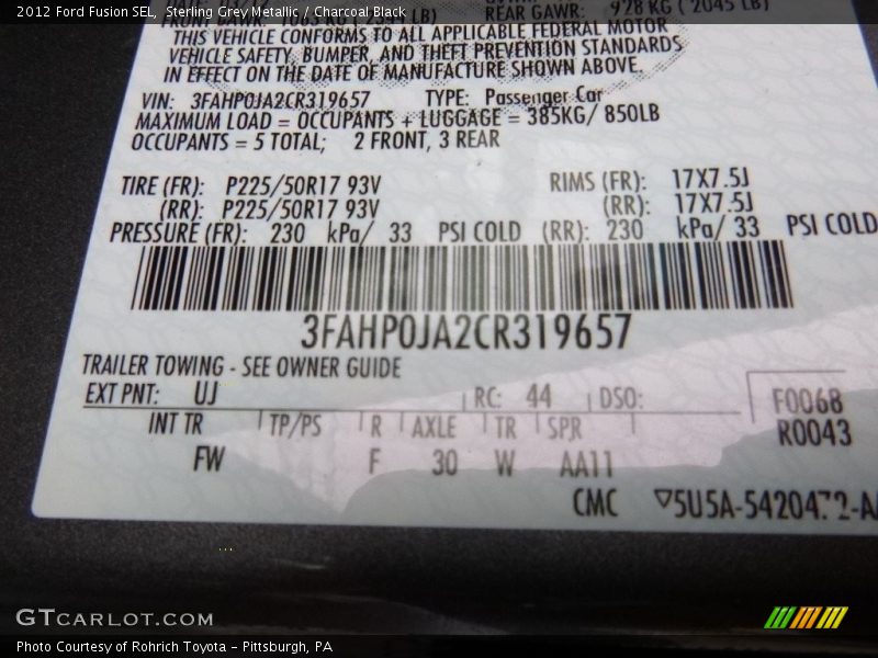 Sterling Grey Metallic / Charcoal Black 2012 Ford Fusion SEL