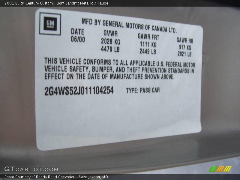 Light Sandrift Metallic / Taupe 2001 Buick Century Custom