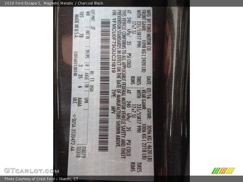 Magnetic Metallic / Charcoal Black 2016 Ford Escape S