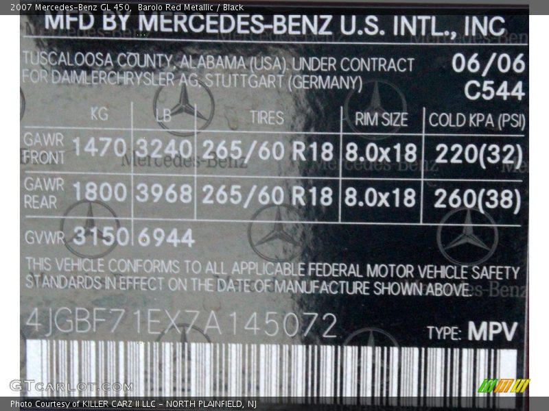 Barolo Red Metallic / Black 2007 Mercedes-Benz GL 450