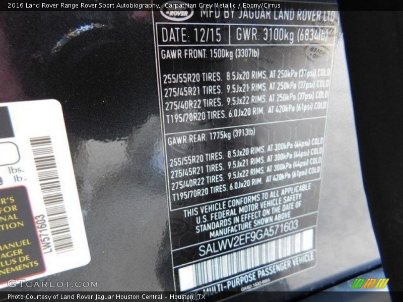 Carpathian Grey Metallic / Ebony/Cirrus 2016 Land Rover Range Rover Sport Autobiography