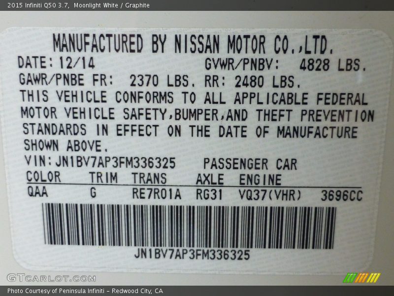 Moonlight White / Graphite 2015 Infiniti Q50 3.7