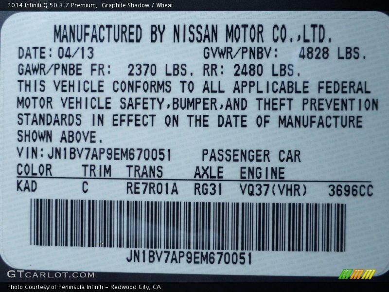 Graphite Shadow / Wheat 2014 Infiniti Q 50 3.7 Premium