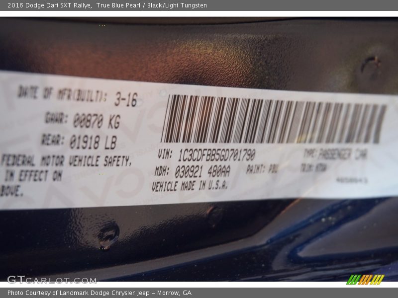 True Blue Pearl / Black/Light Tungsten 2016 Dodge Dart SXT Rallye