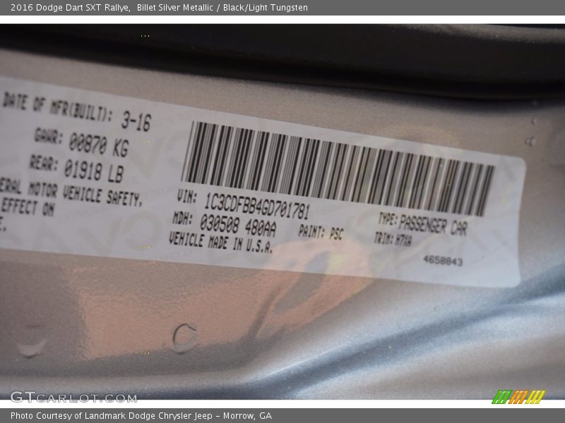 Billet Silver Metallic / Black/Light Tungsten 2016 Dodge Dart SXT Rallye