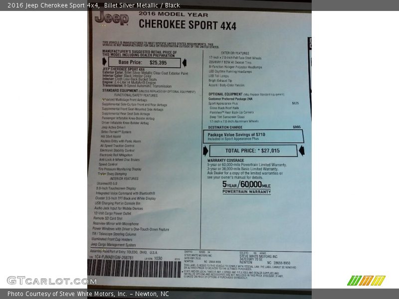 Billet Silver Metallic / Black 2016 Jeep Cherokee Sport 4x4