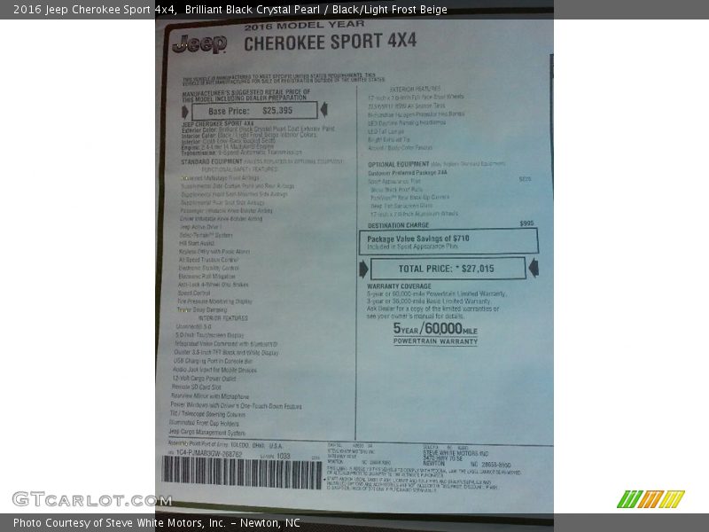 Brilliant Black Crystal Pearl / Black/Light Frost Beige 2016 Jeep Cherokee Sport 4x4