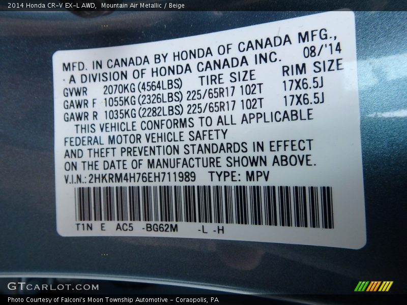 Mountain Air Metallic / Beige 2014 Honda CR-V EX-L AWD