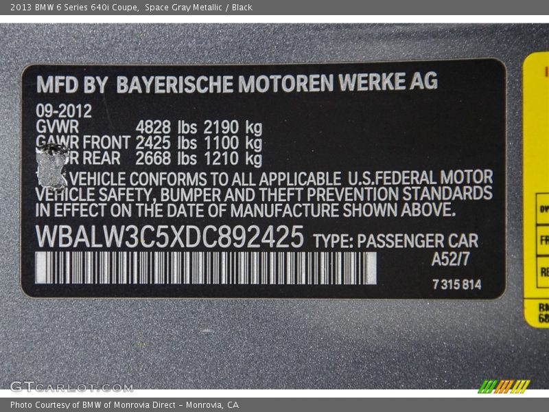 Space Gray Metallic / Black 2013 BMW 6 Series 640i Coupe